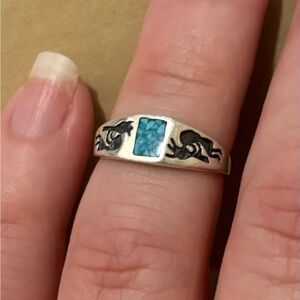 925 Vintage Kokopelli Turquoise Inlay Southwest Pinky Ring Midi Ring Sz 3.25